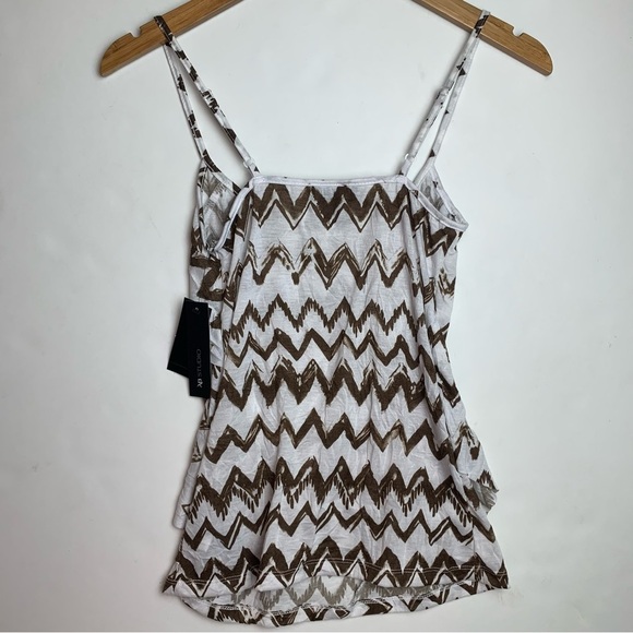 AB Studio White Brown Chevron Spaghetti Straps Fringe Blouse - Picture 6 of 16